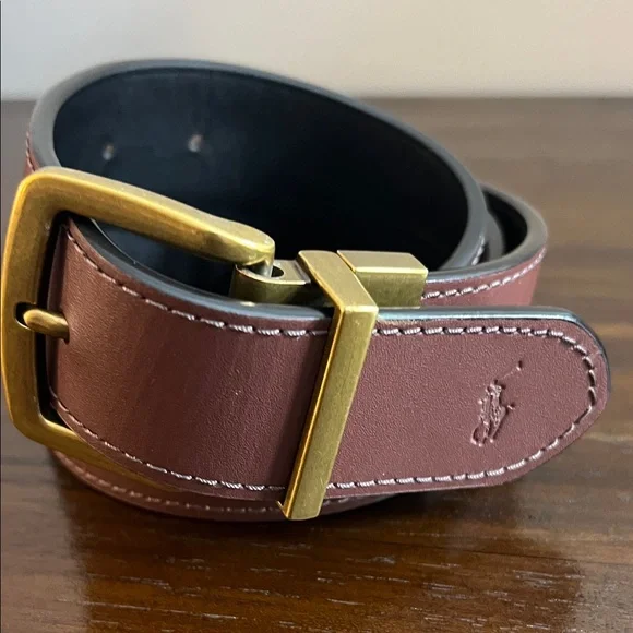 Polo by Ralph Lauren Reversible Black/ town Belt with Gold Buckle, 32.5” - Picture 2 of 10